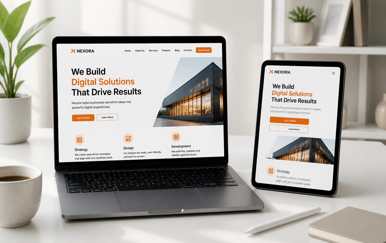 Business website shown on a laptop and tablet