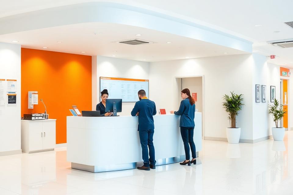 Hospital reception desk with staff using a computer