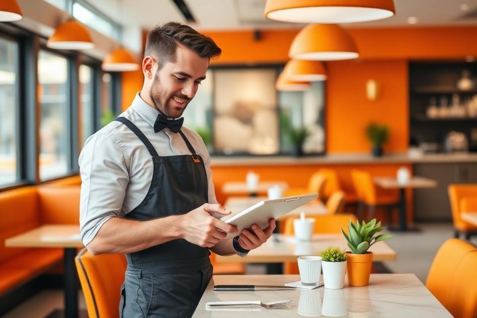 Waiter taking an order on a tablet in a cafe