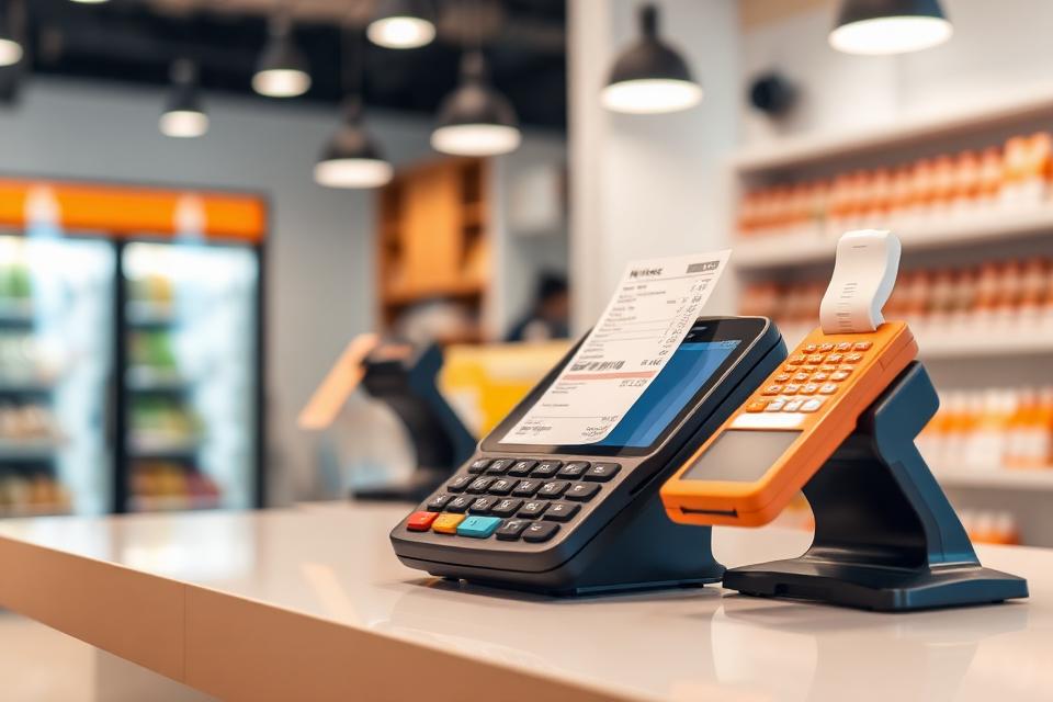 Billing counter with a POS machine printing a bill