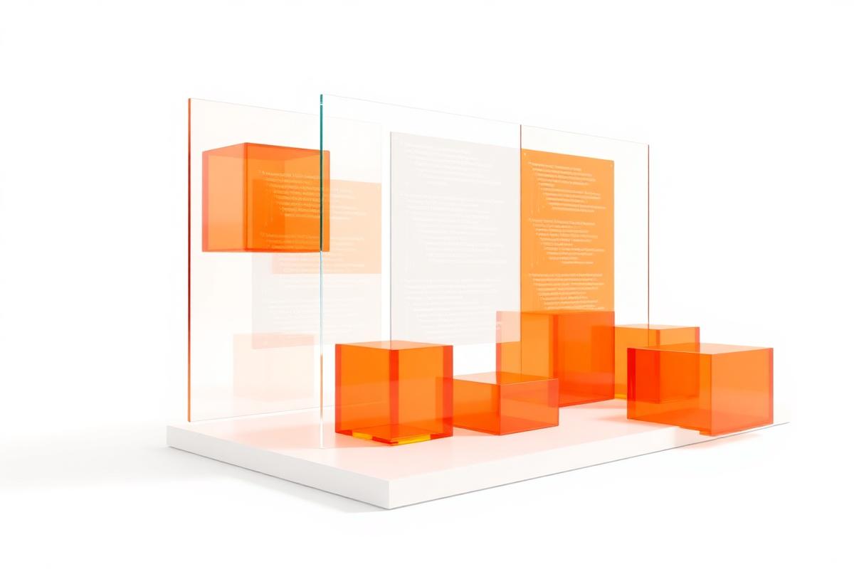 Custom software modules shown as floating glass panels