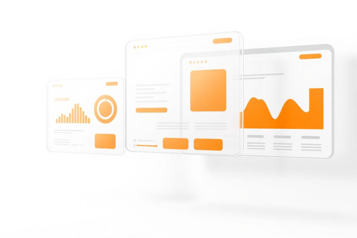 Website and dashboard screens with orange charts